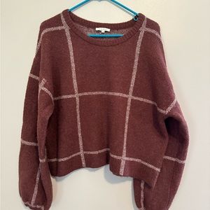 ZSUPPLY maroon plaid sweater with balloon sleeves.